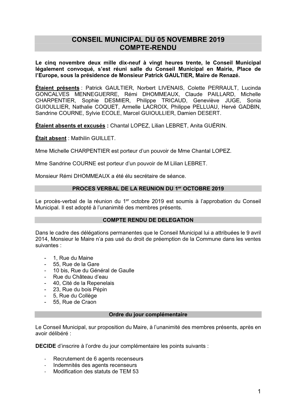Conseil Municipal Du 05 Novembre 2019 Compte-Rendu