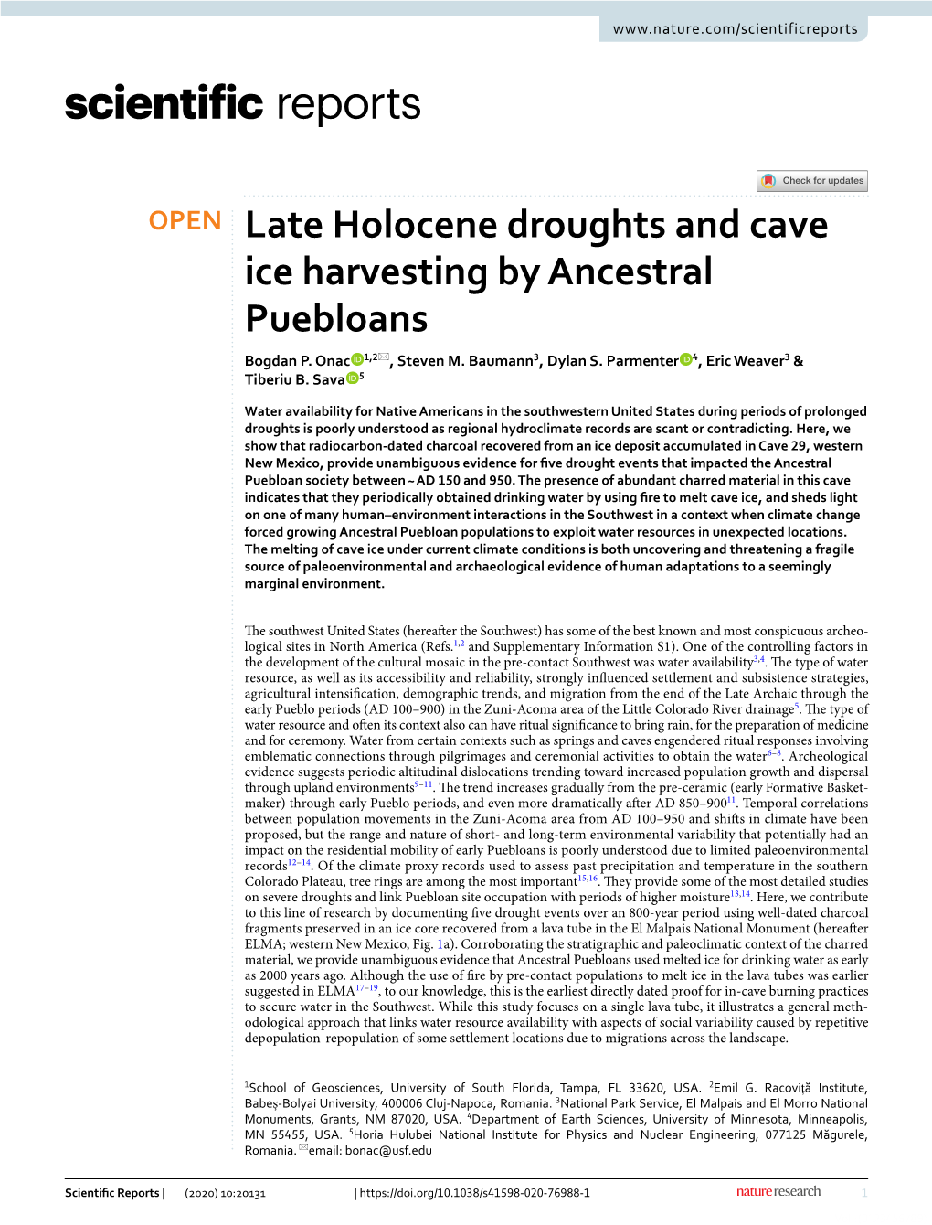 Late Holocene Droughts and Cave Ice Harvesting by Ancestral Puebloans Bogdan P