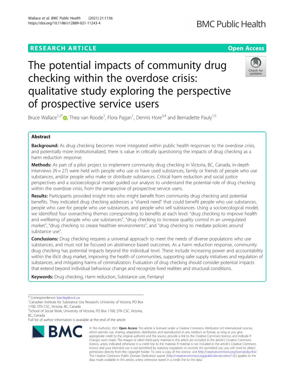 The Potential Impacts of Community Drug Checking Within the Overdose