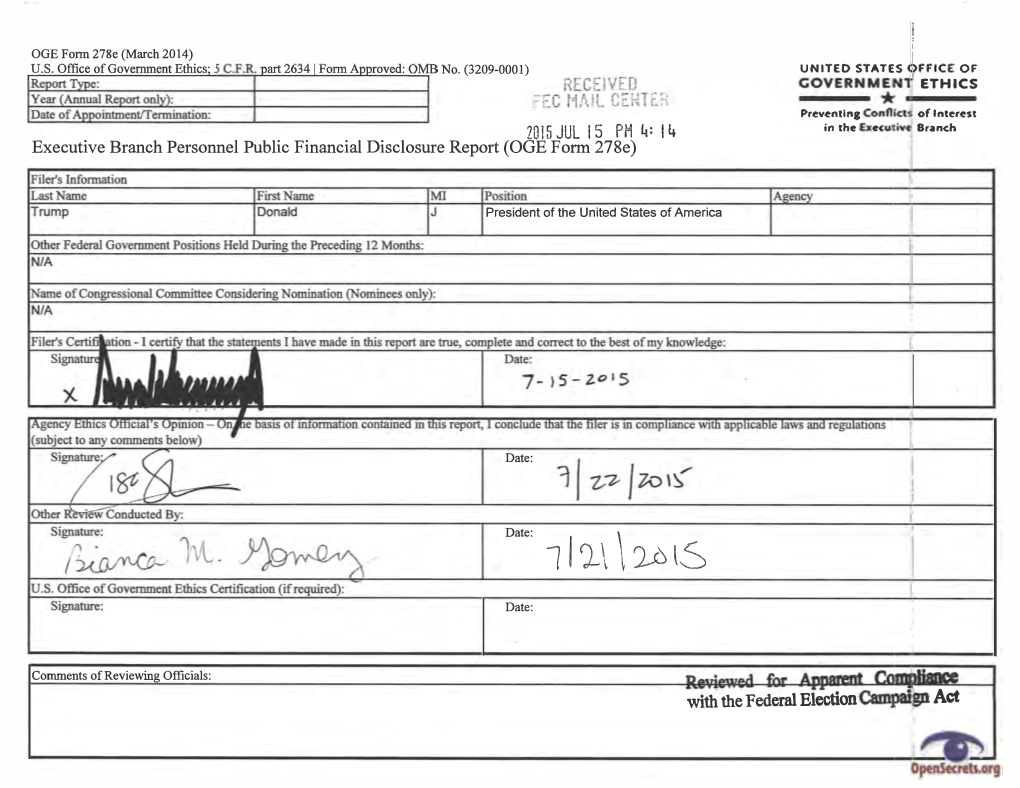 Trump 12 Of�8 ,[ Part 1: Filer's Positions Held Outside United States Government T; • Ornuizationname City/State Orcaniutioa Type Position Held from Ji To