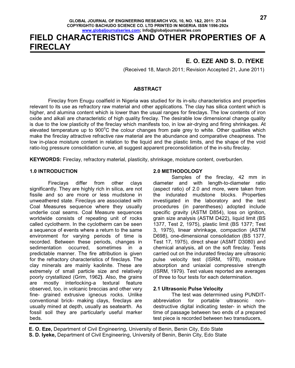 Field Characteristics and Other Properties of a Fireclay