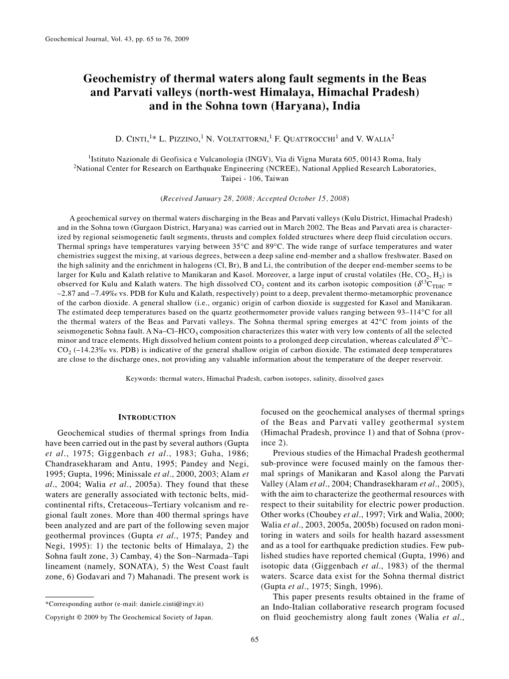 Geochemistry of Thermal Waters Along Fault Segments in the Beas and Parvati Valleys (North-West Himalaya, Himachal Pradesh) and in the Sohna Town (Haryana), India