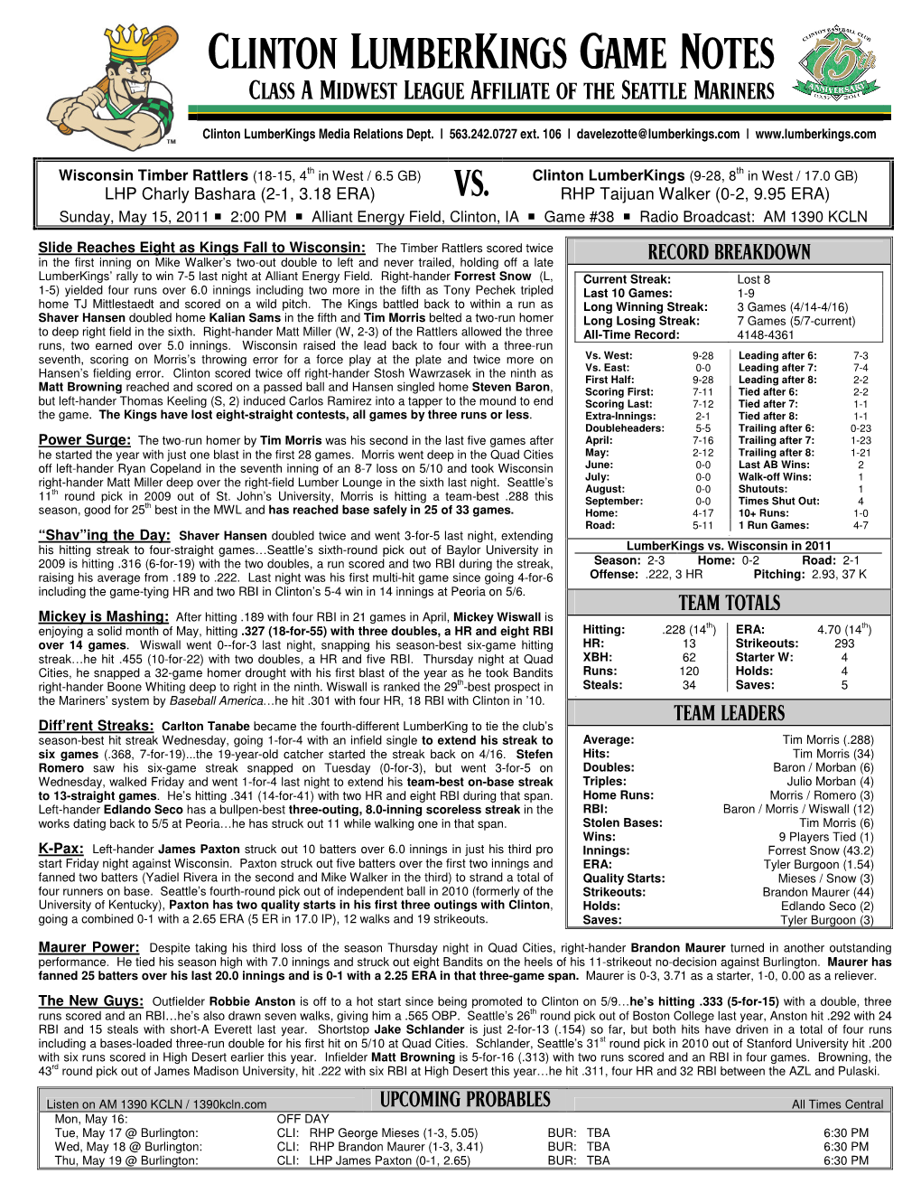 Clinton Lumberkings Game Notes Class a Midwest League Affiliate of the Seattle Mariners