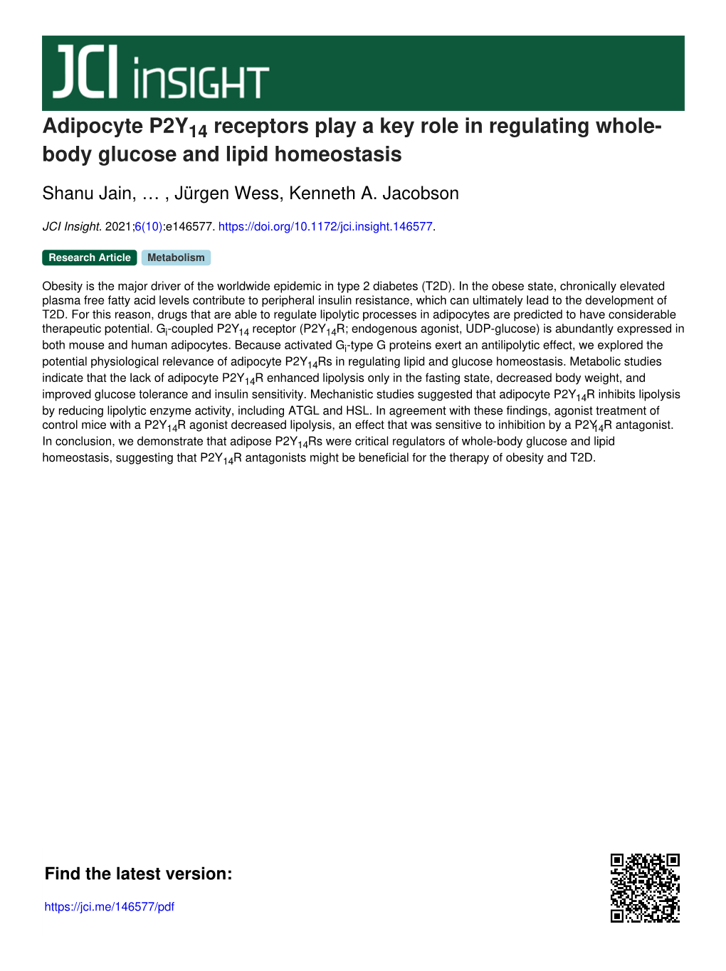 Adipocyte P2Y14 Receptors Play a Key Role in Regulating Whole- Body Glucose and Lipid Homeostasis