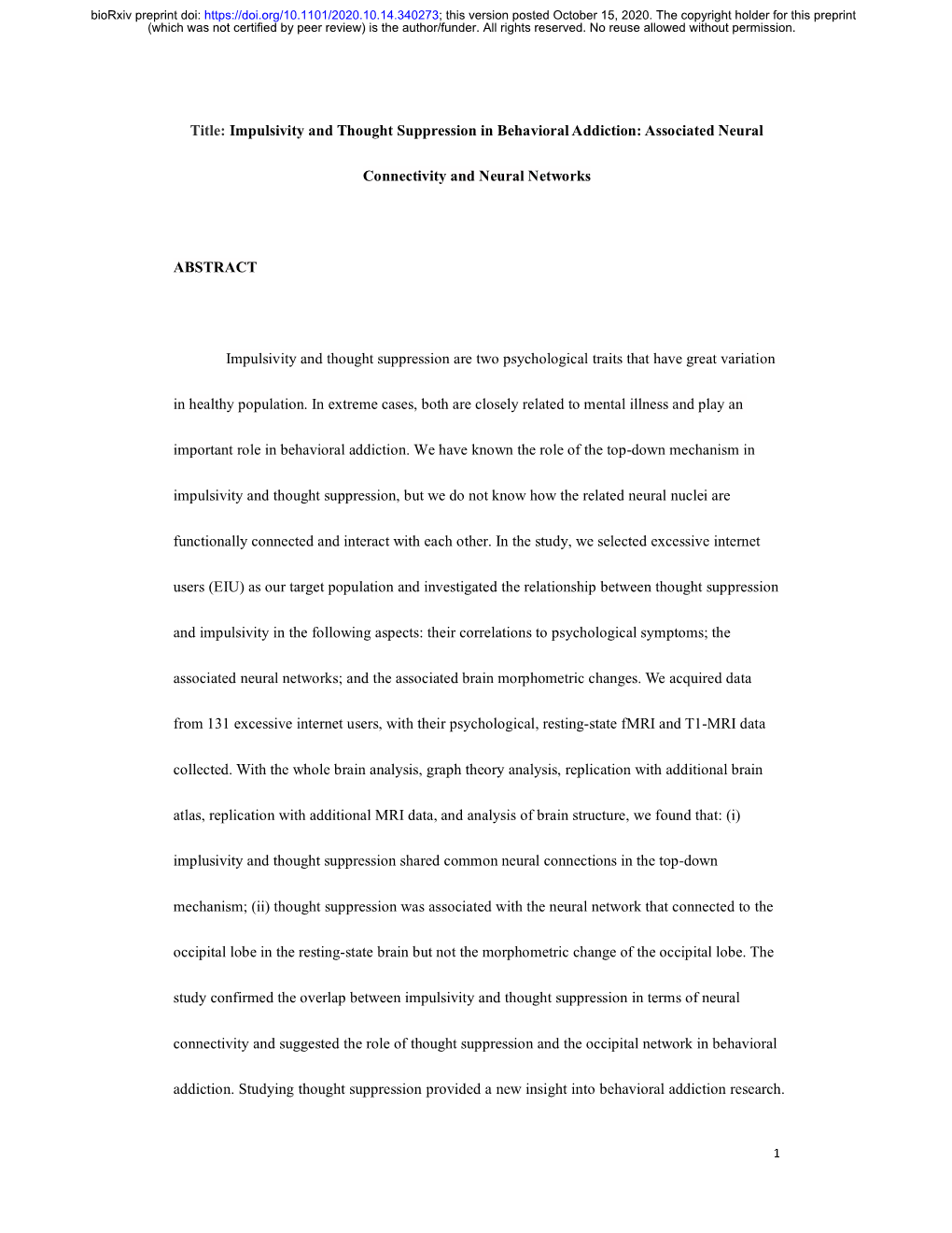 Impulsivity and Thought Suppression in Behavioral Addiction: Associated Neural