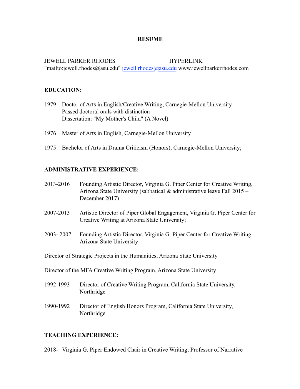 Resume Jewell Parker Rhodes Hyperlink