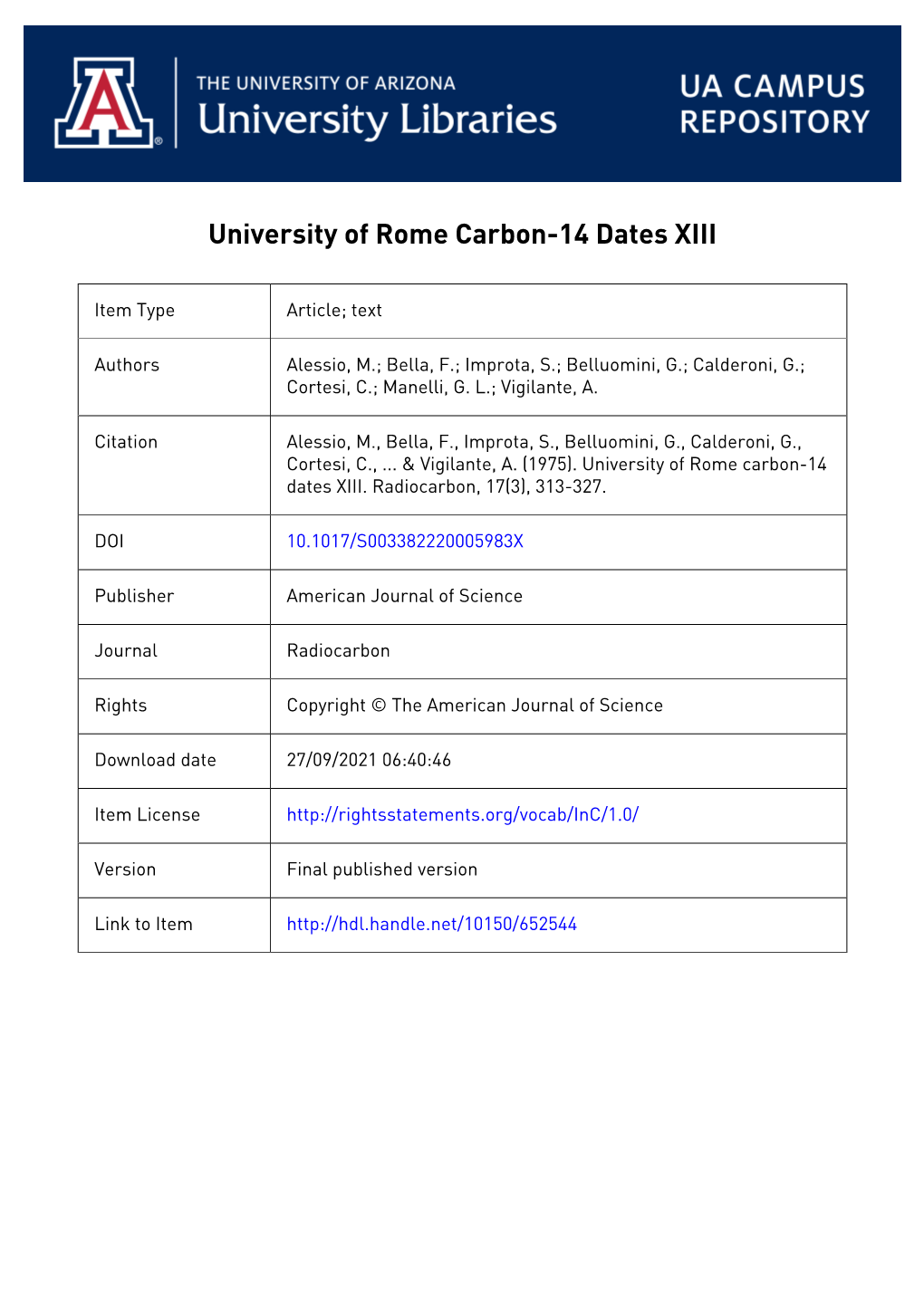 University of Rome Carbon-14 Dates Xiii G Belluomini, G