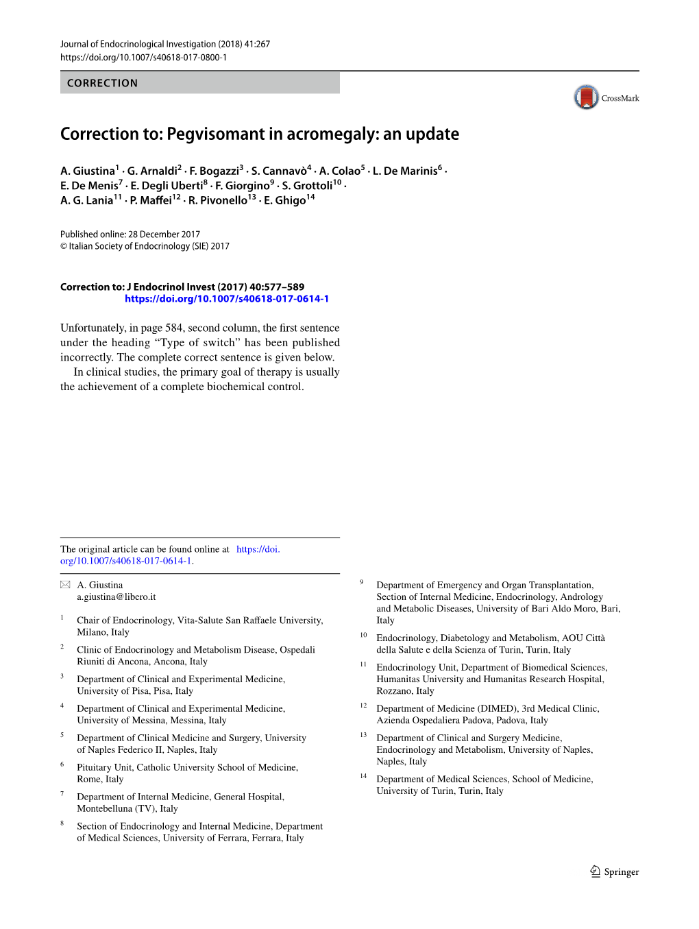 Correction To: Pegvisomant in Acromegaly: an Update