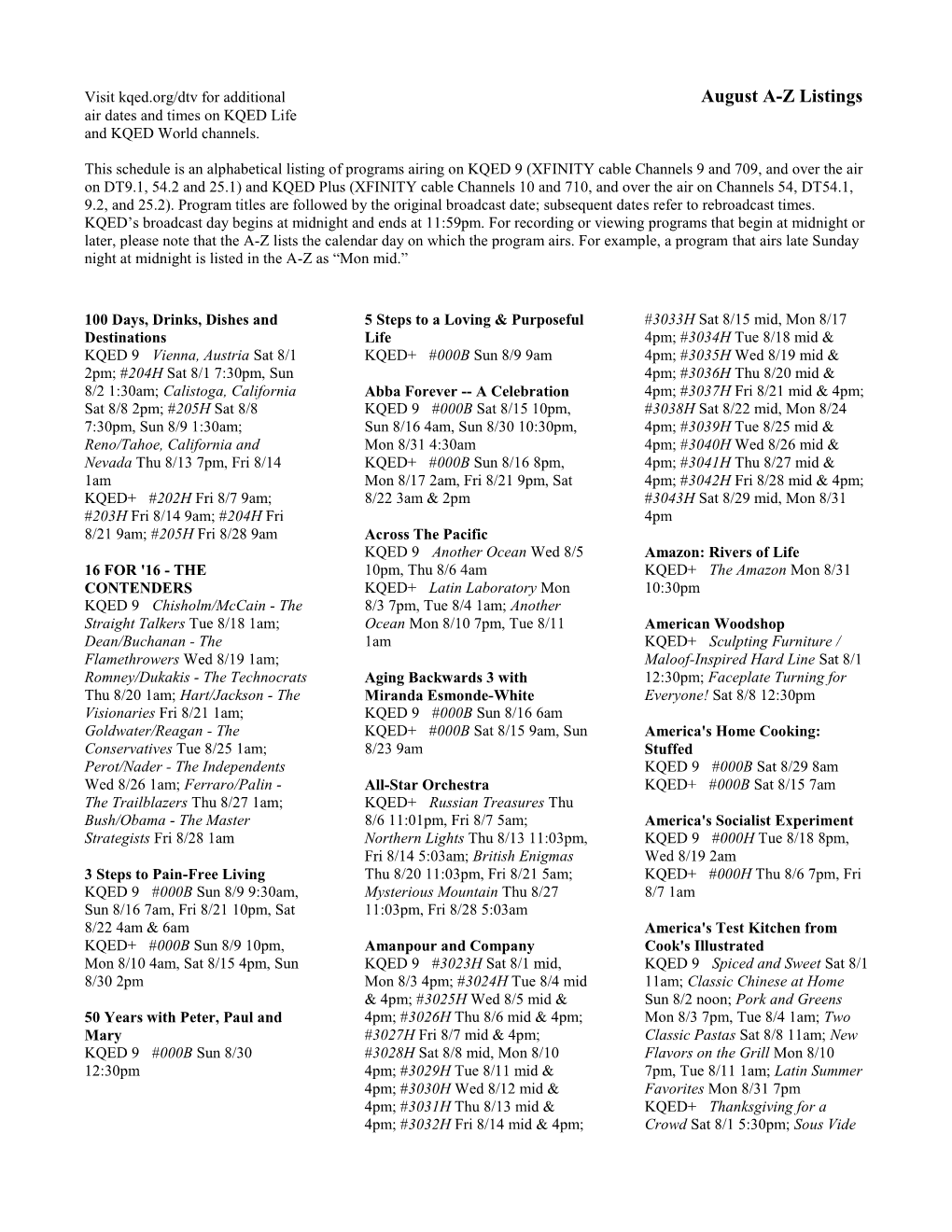August A-Z Listings Air Dates and Times on KQED Life and KQED World Channels