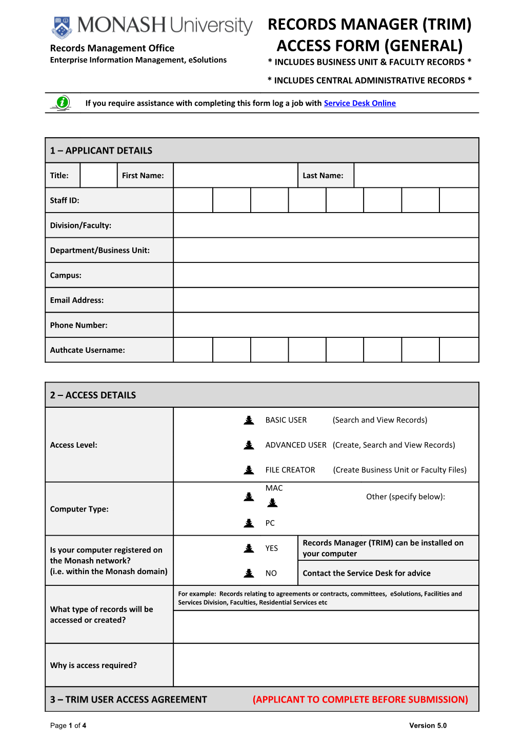 TRIM Access Form Student Records Including Non Callista User Agreement