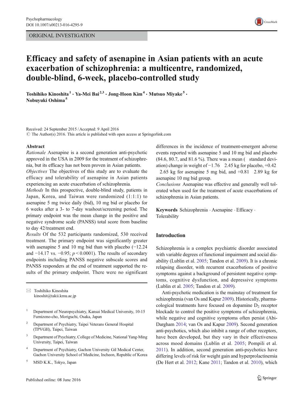 Efficacy and Safety of Asenapine in Asian Patients With