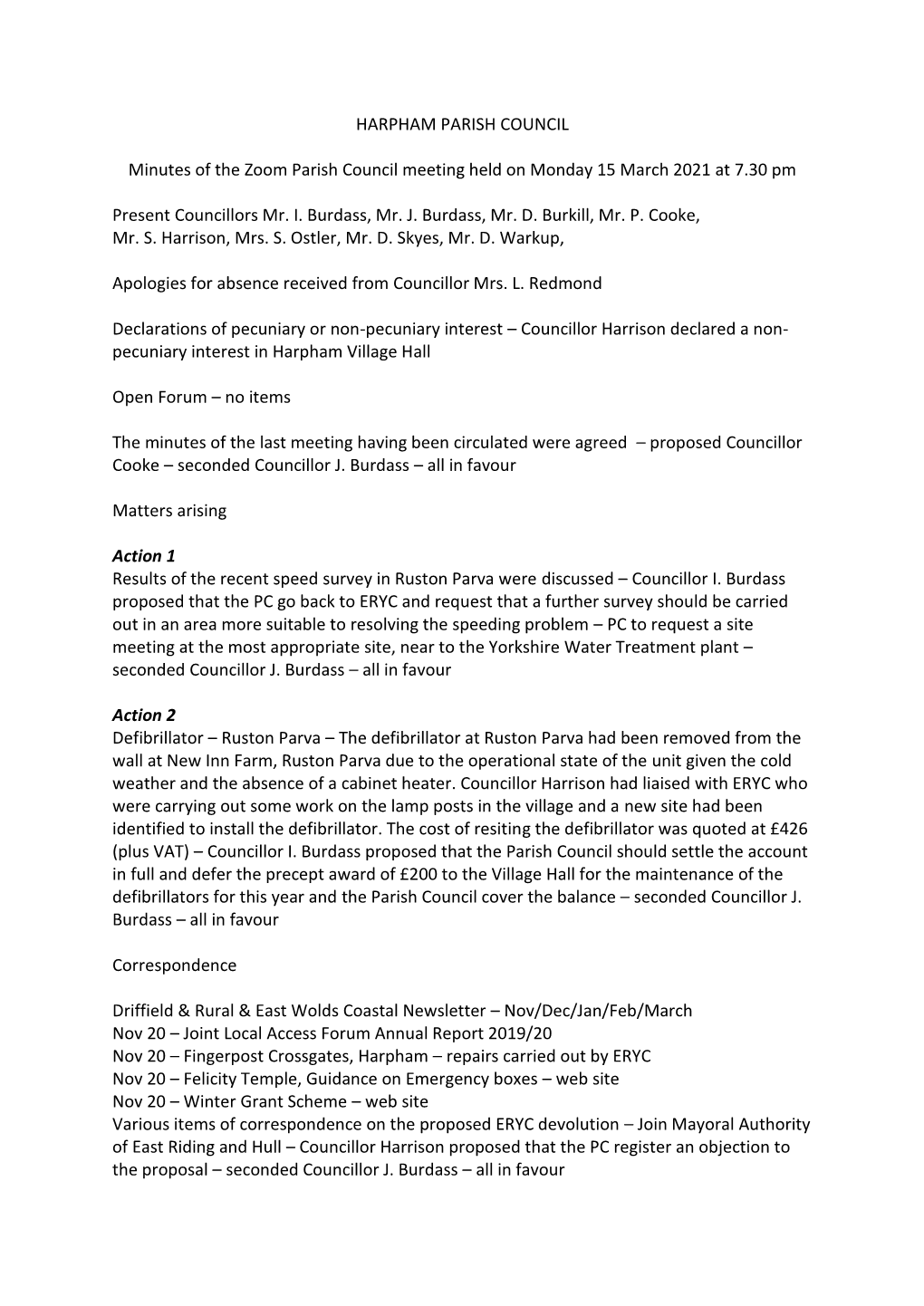 HARPHAM PARISH COUNCIL Minutes of the Zoom Parish Council