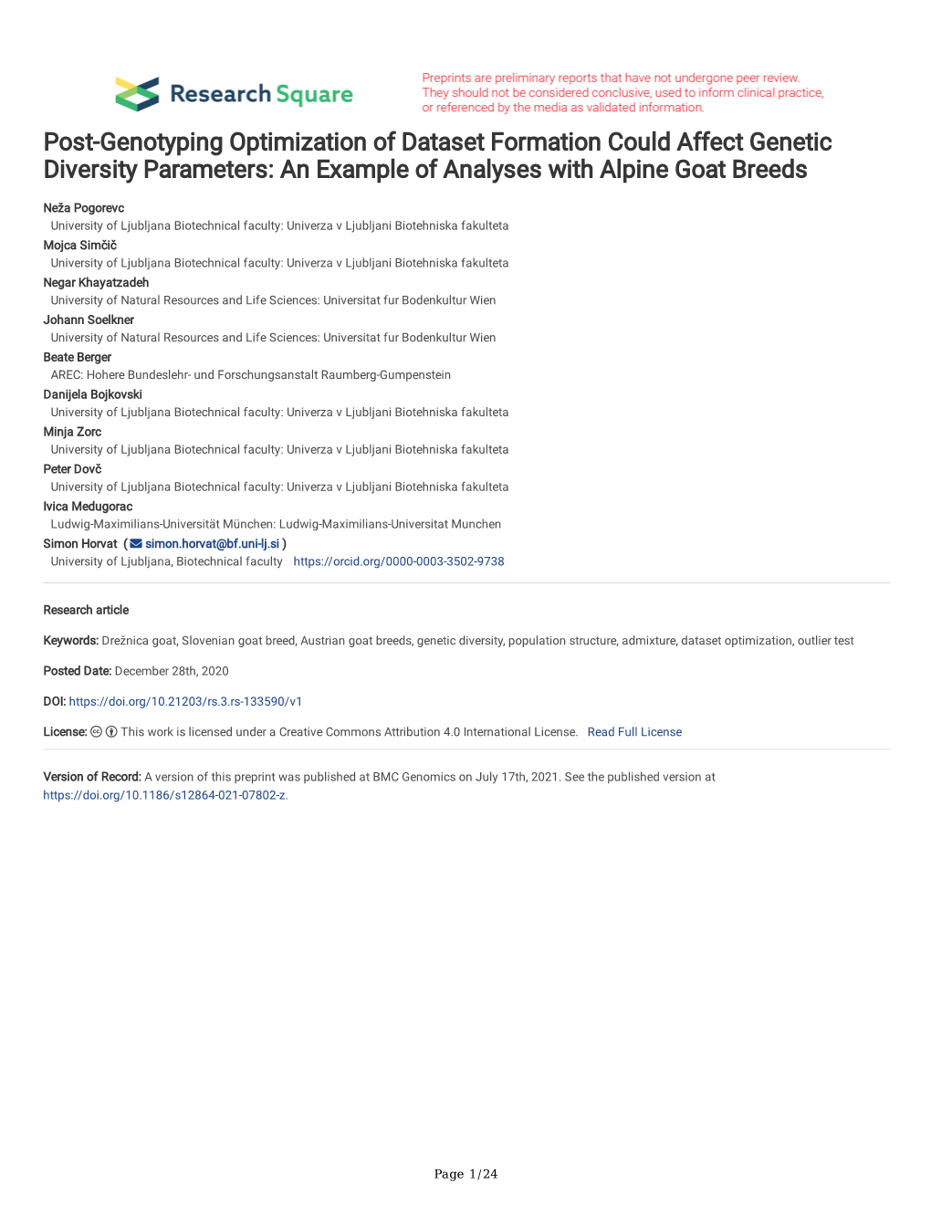 Post-Genotyping Optimization of Dataset Formation Could Affect Genetic Diversity Parameters: an Example of Analyses with Alpine Goat Breeds