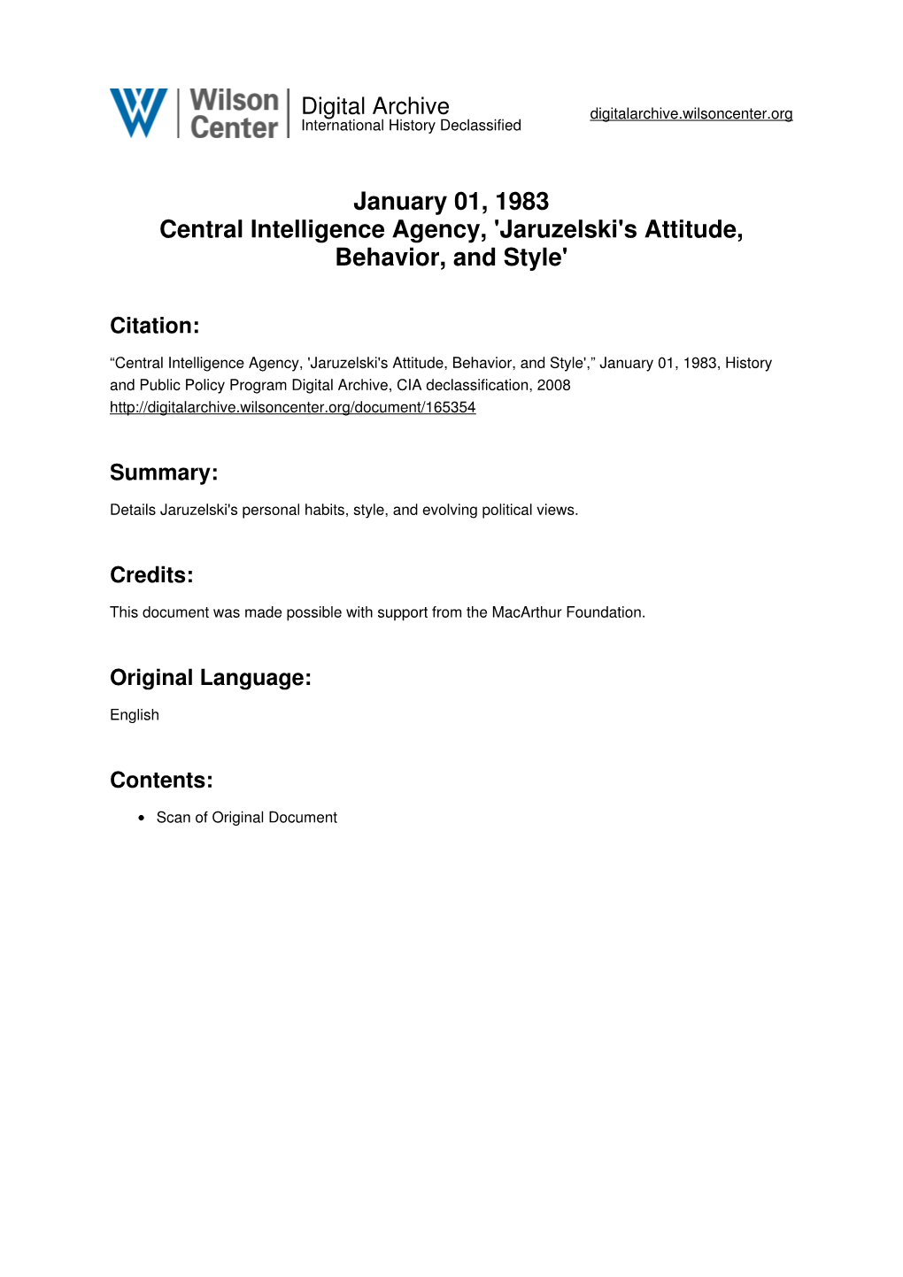 January 01, 1983 Central Intelligence Agency, 'Jaruzelski's Attitude, Behavior, and Style'