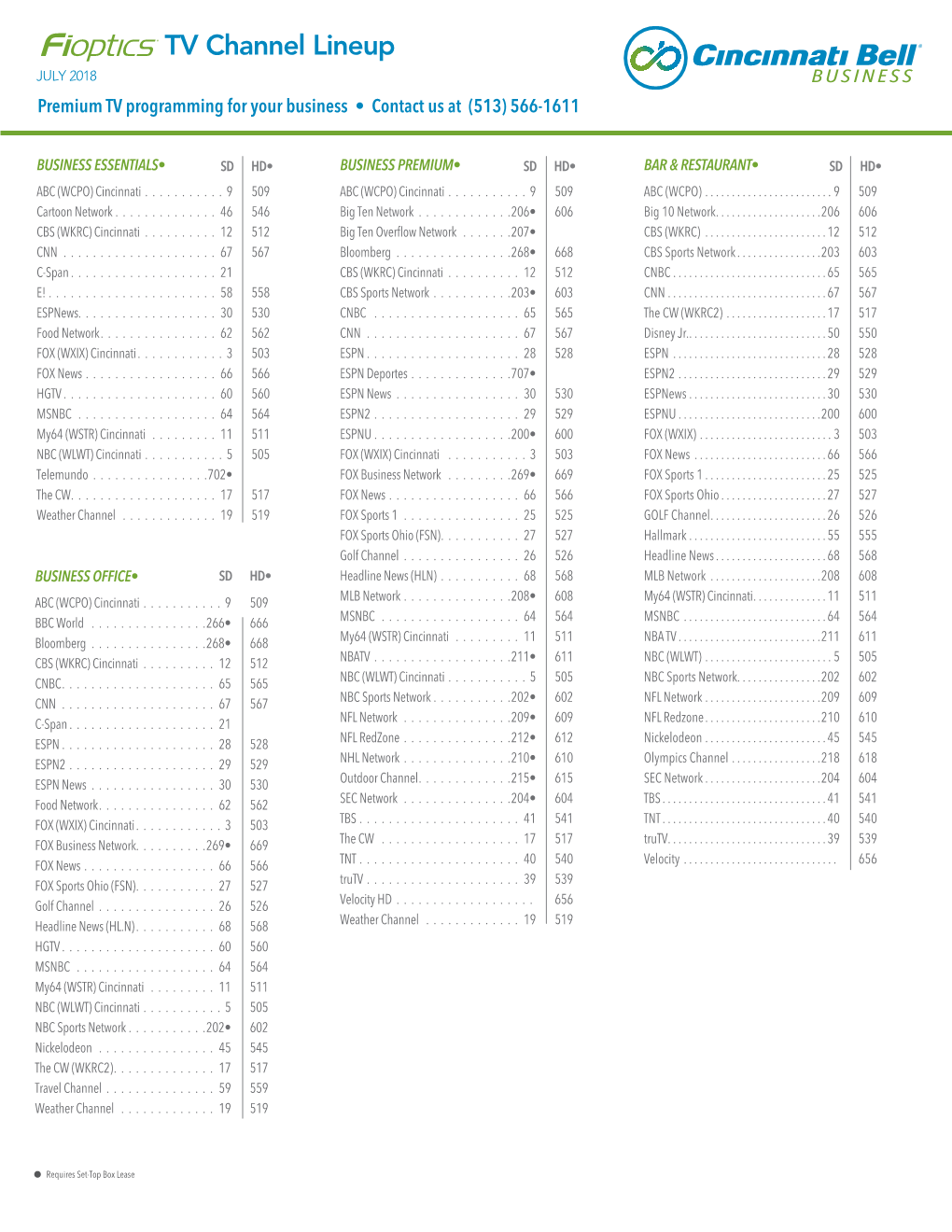 TV Channel Lineup JULY 2018 Premium TV Programming for Your Business • Contact Us at (513) 566-1611