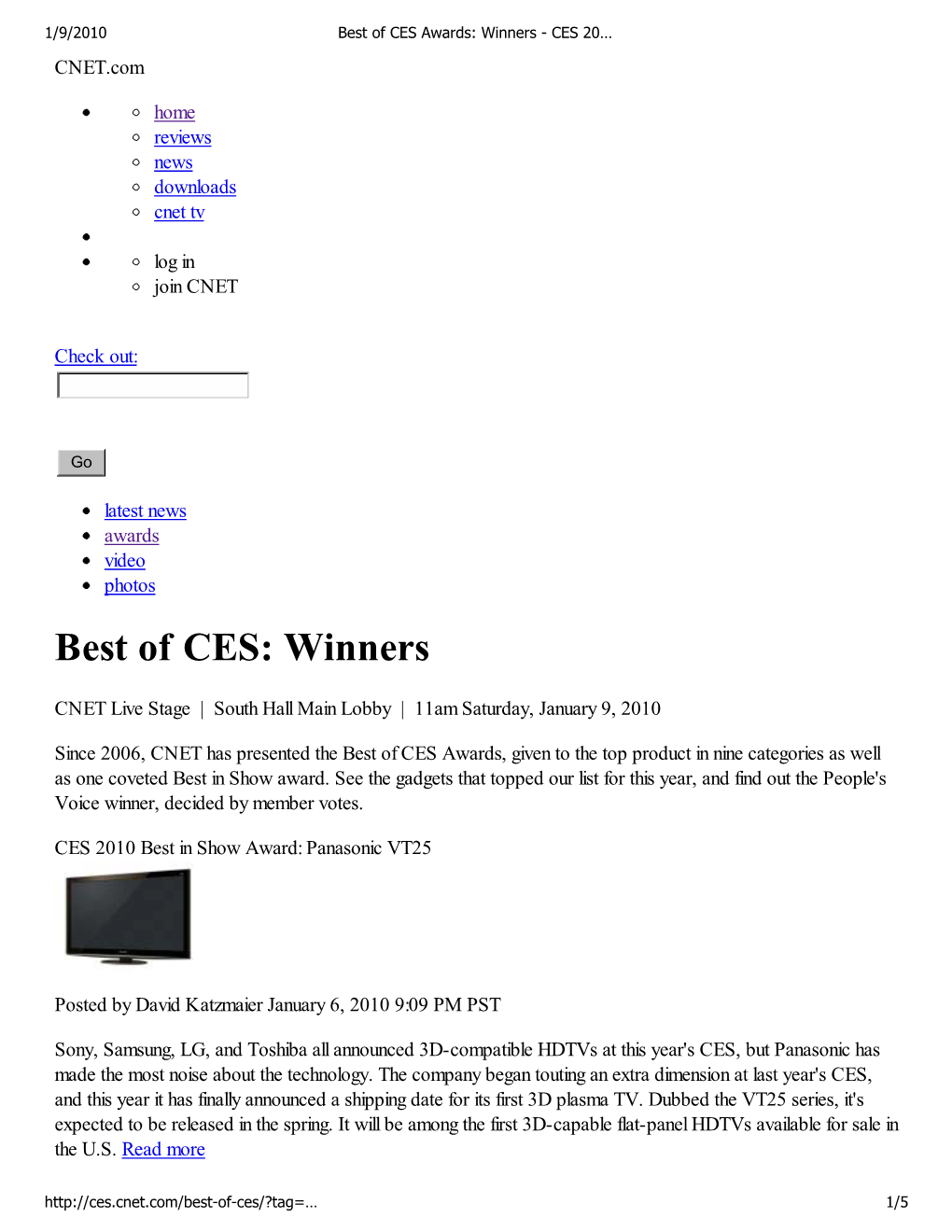 CES 2010 Best in Show Award: Panasonic VT25