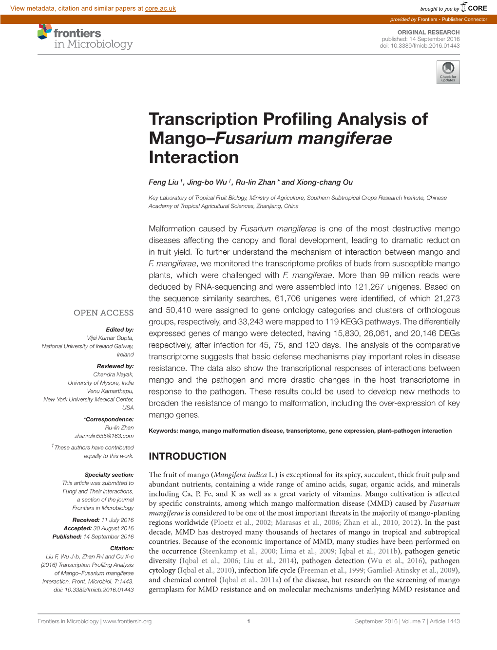 Transcription Profiling Analysis of Mango–Fusarium Mangiferae