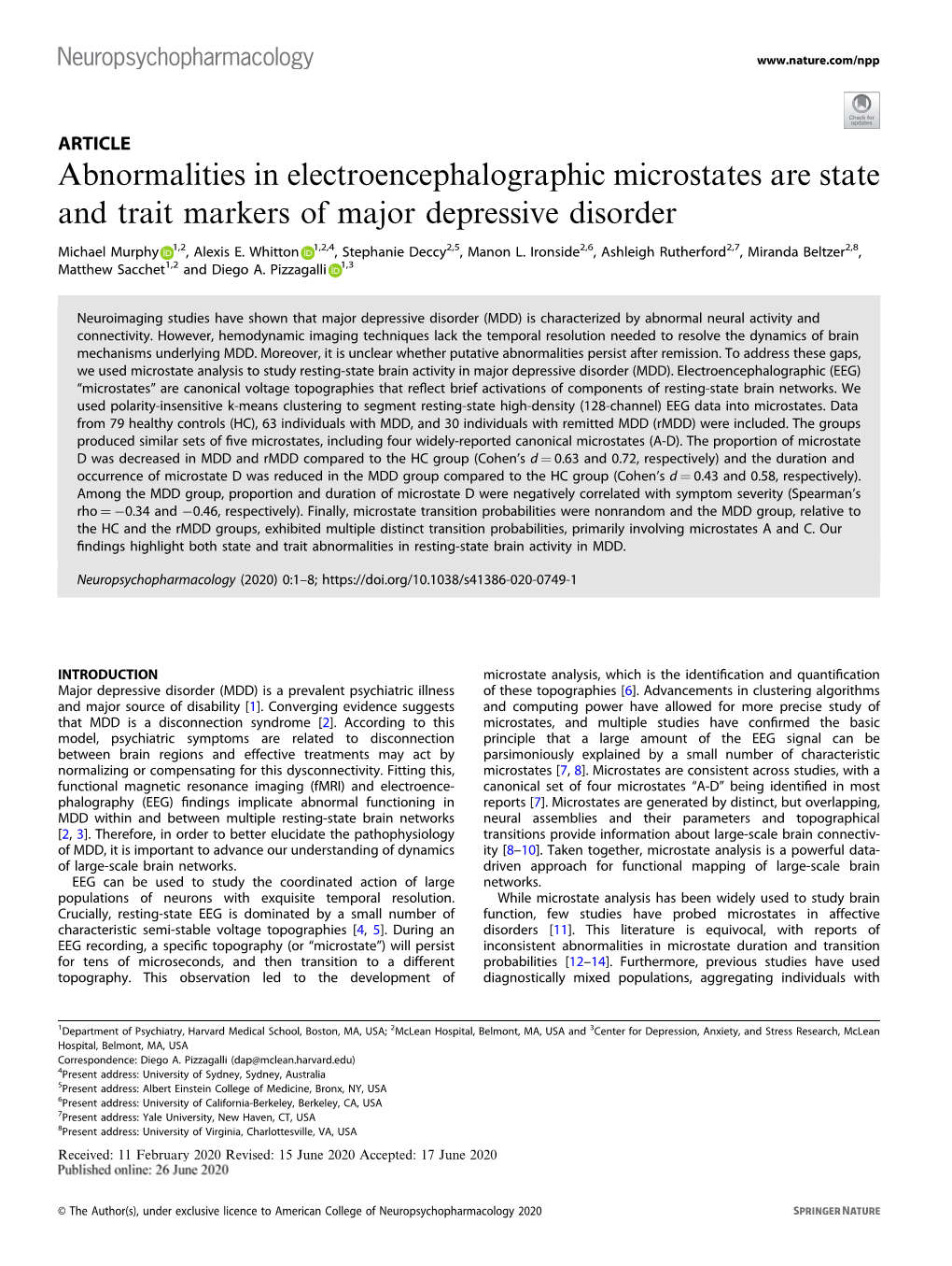 Abnormalities in Electroencephalographic Microstates Are State and Trait Markers of Major Depressive Disorder