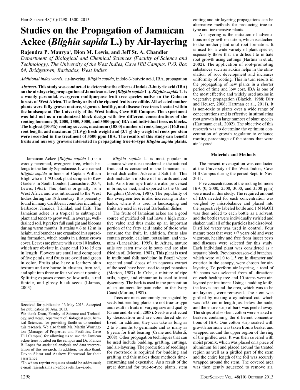 Studies on the Propagation of Jamaican Ackee (Blighia Sapida