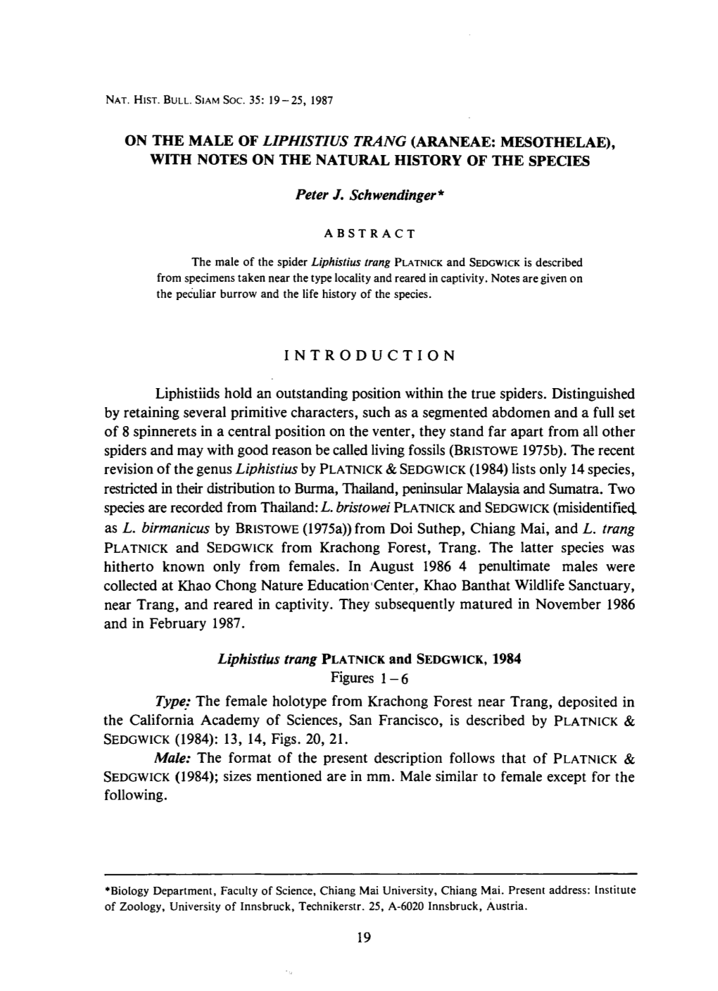 On the Male of Liphistius Trang (Araneae: Mesothelae), with Notes on the Natural History of the Species