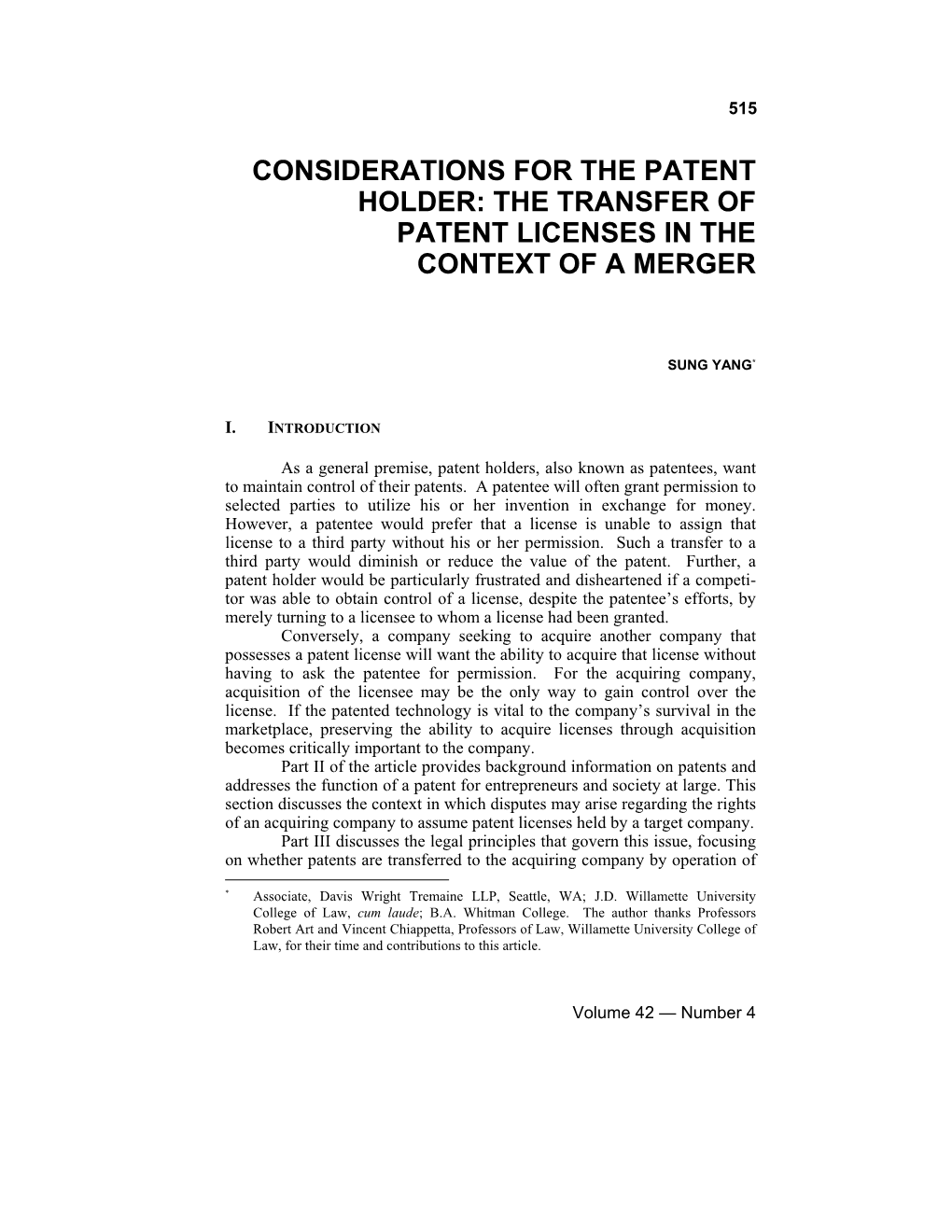 Considerations for the Patent Holder: the Transfer of Patent Licenses in the Context of a Merger