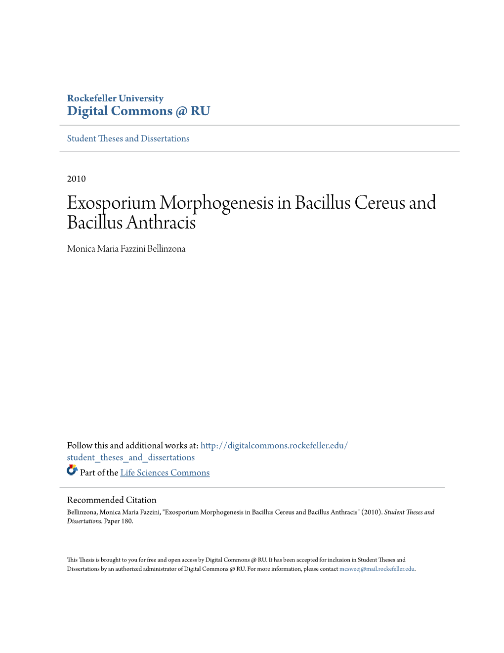 Exosporium Morphogenesis in Bacillus Cereus and Bacillus Anthracis Monica Maria Fazzini Bellinzona