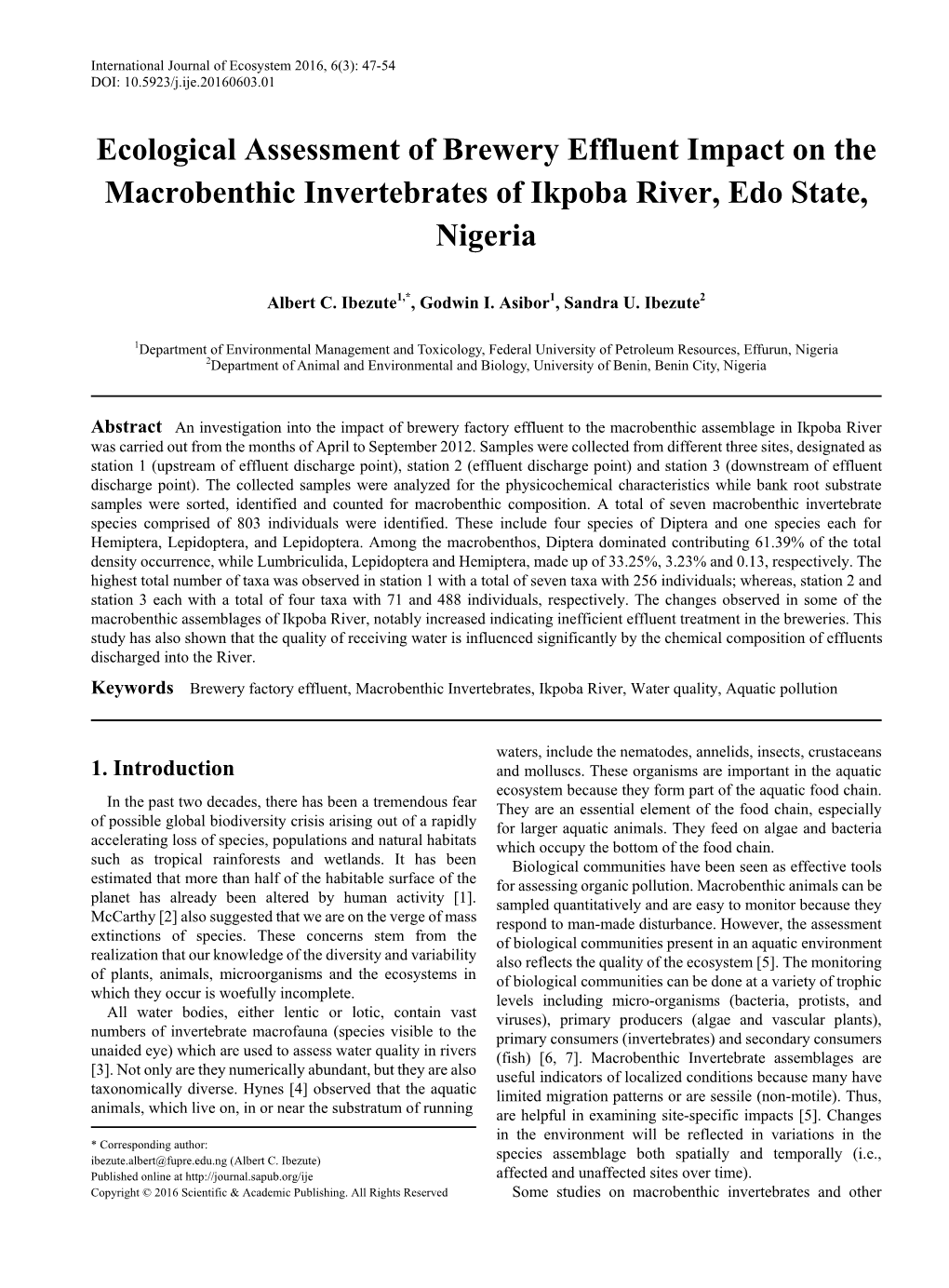 Brewery Factory Effluent, Macrobenthic Invertebrates, Ikpoba River, Water Quality, Aquatic Pollution