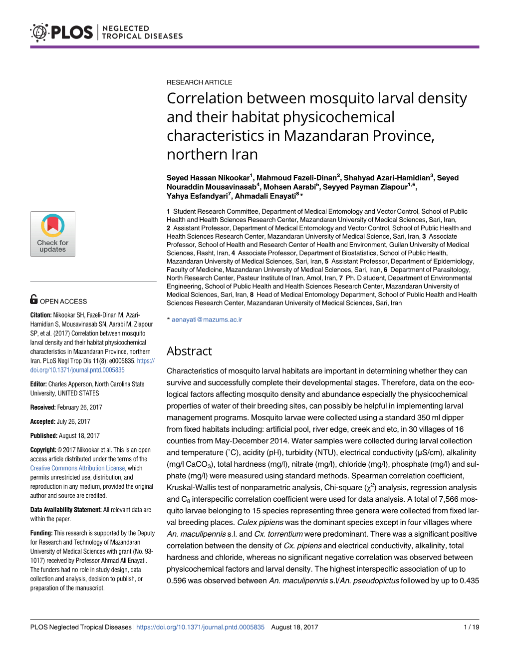Correlation Between Mosquito Larval Density and Their Habitat Physicochemical Characteristics in Mazandaran Province, Northern Iran