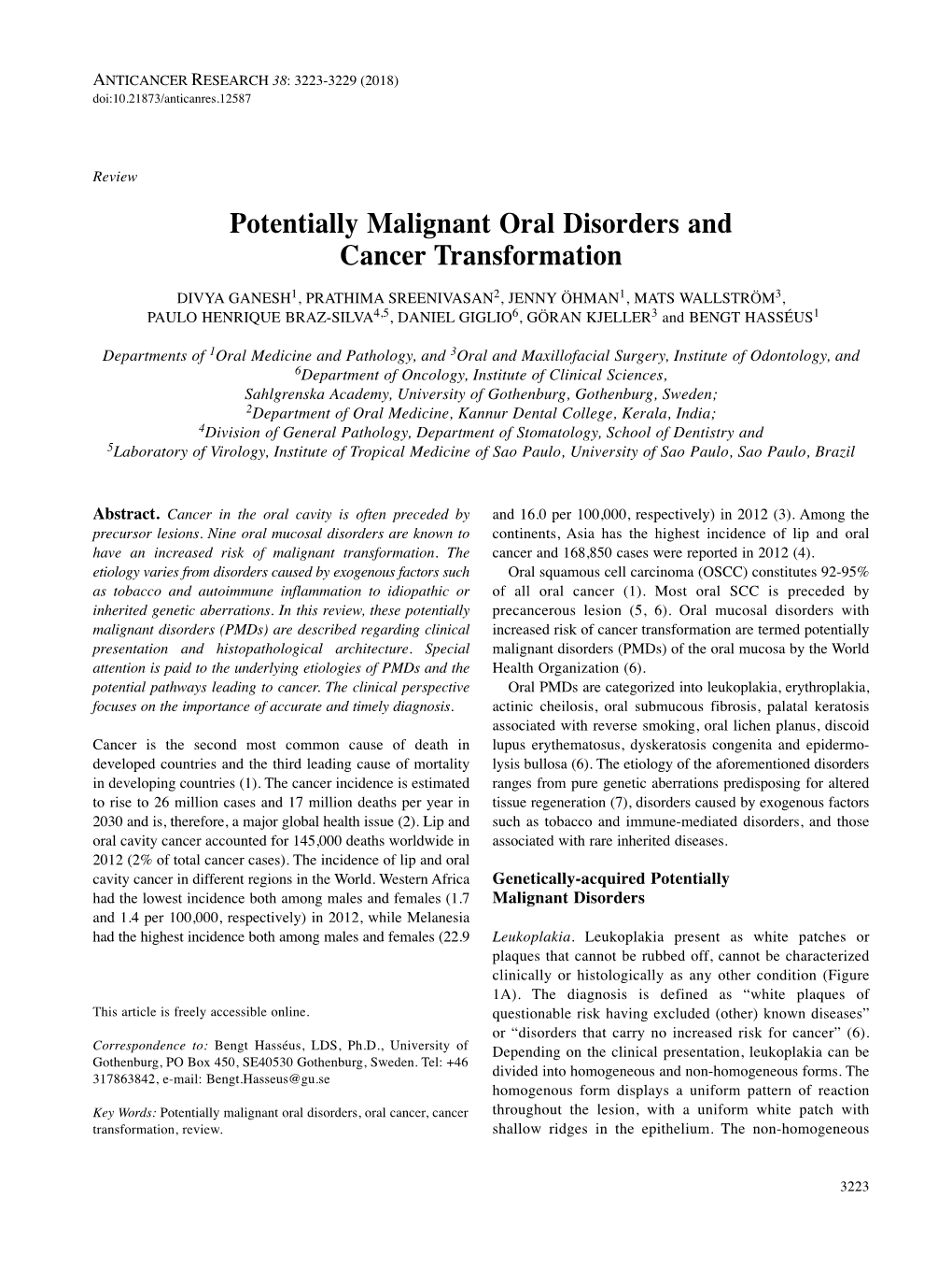 Potentially Malignant Oral Disorders and Cancer Transformation