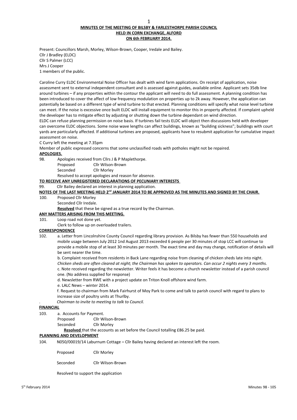 Minutes of the Meeting of Bilsby & Farlesthorpe Parish Council