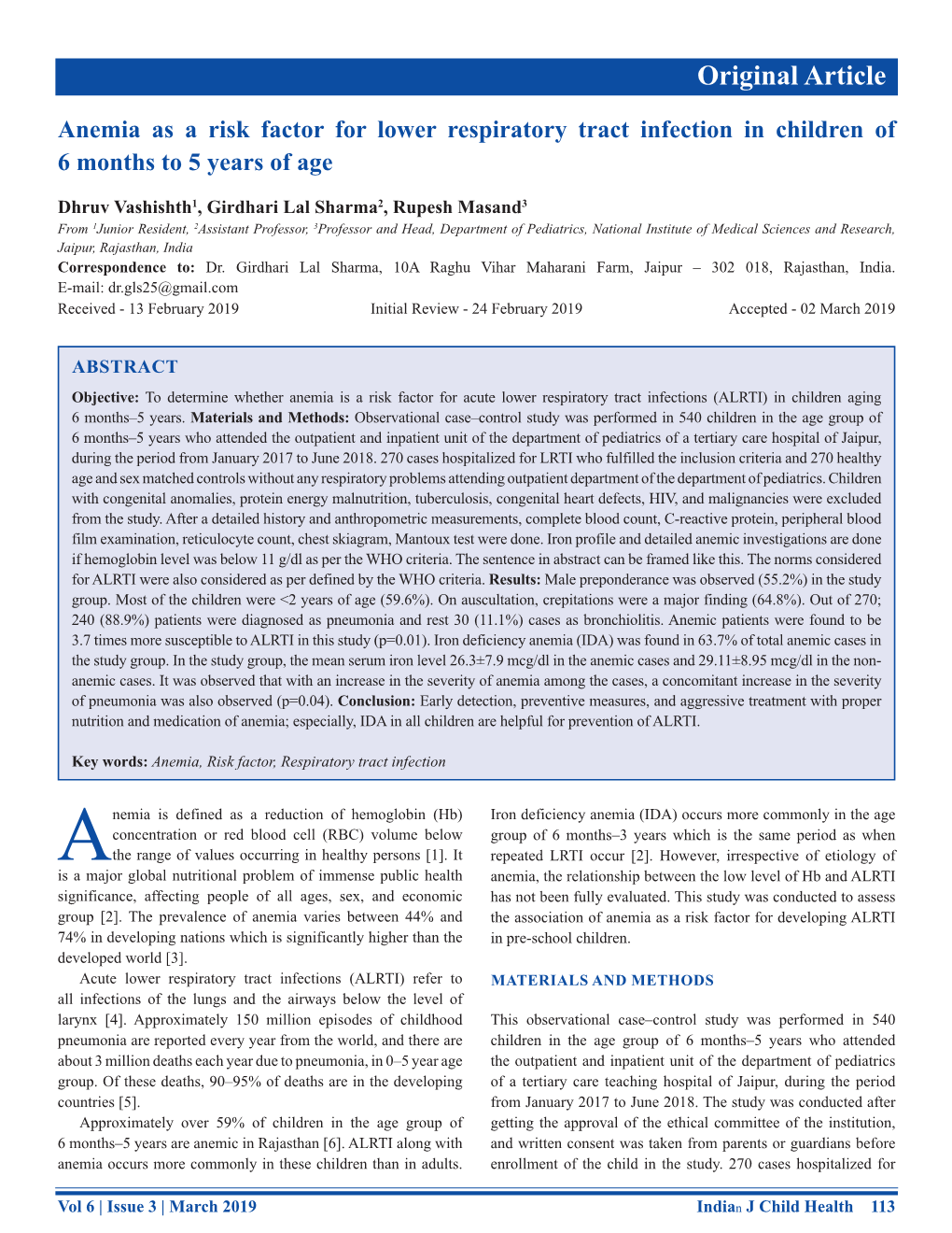 Anemia As a Risk Factor for Lower Respiratory Tract Infection in Children of 6 Months to 5 Years of Age