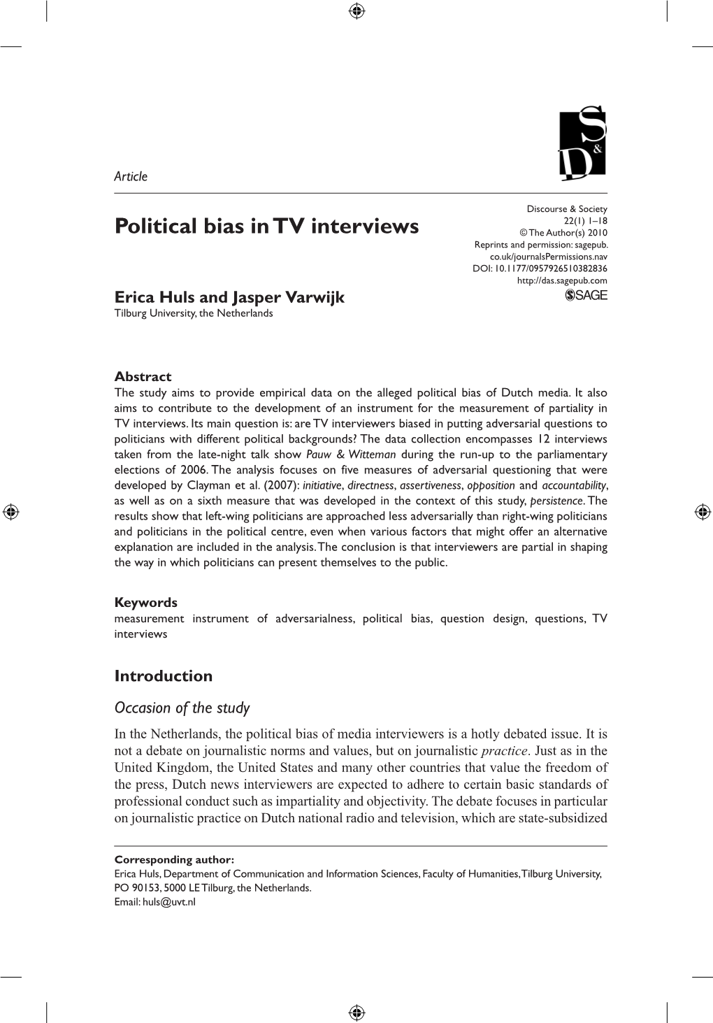 Political Bias in TV Interviews © the Author(S) 2010 Reprints and Permission: Sagepub