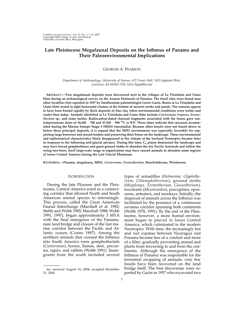 Late Pleistocene Megafaunal Deposits on the Isthmus of Panama and Their Paleoenvironmental Implications