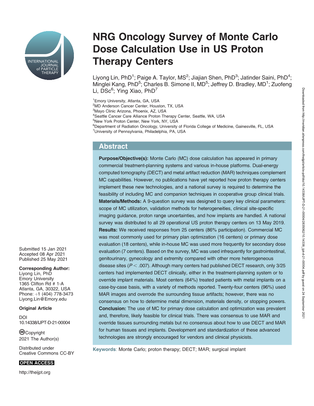 NRG Oncology Survey of Monte Carlo Dose Calculation Use in US Proton Therapy Centers