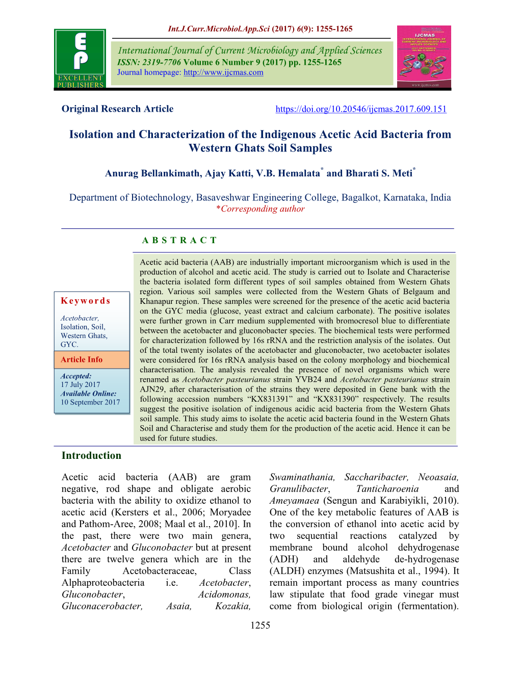 Isolation and Characterization of the Indigenous Acetic Acid Bacteria from Western Ghats Soil Samples