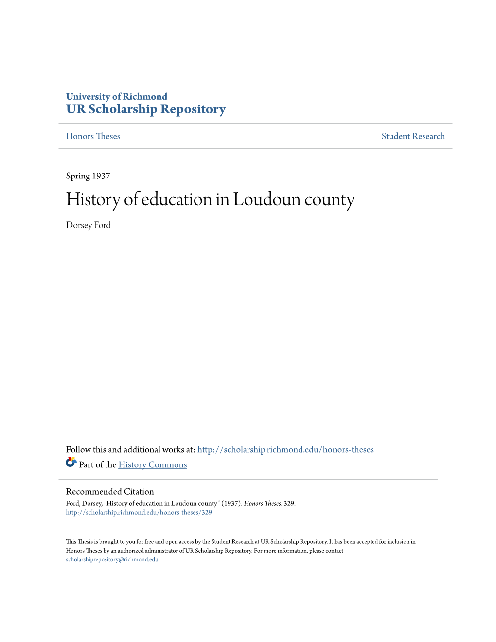 History of Education in Loudoun County Dorsey Ford