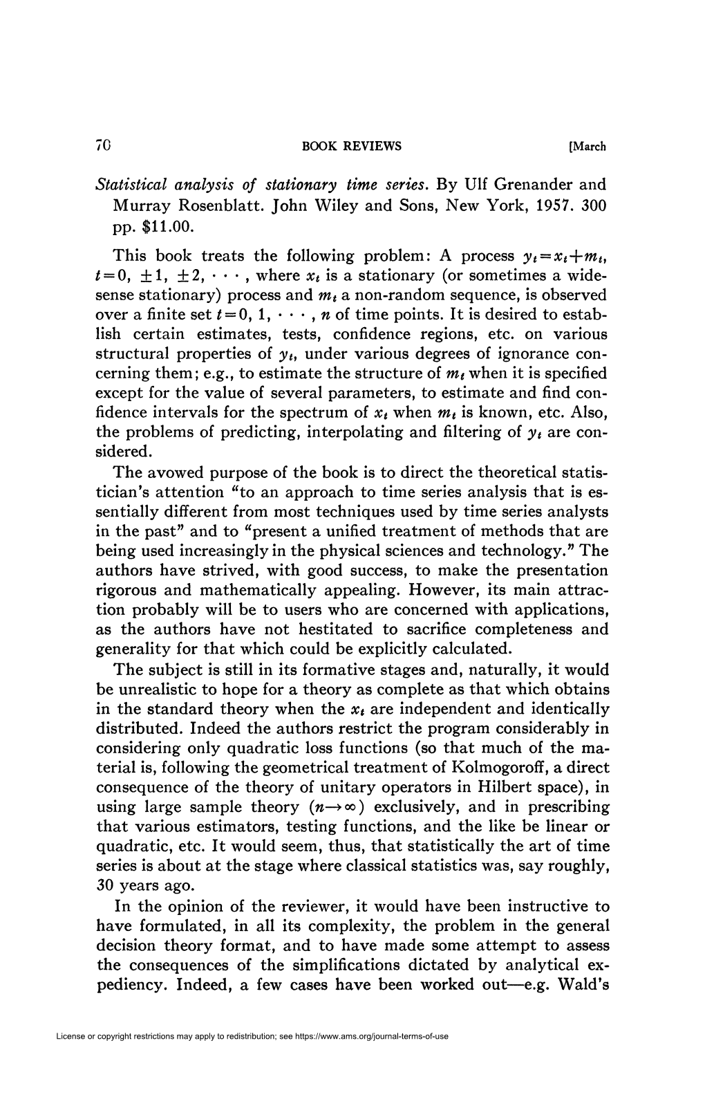 Statistical Analysis of Stationary Time Series. by Ulf Grenander and Murray Rosenblatt