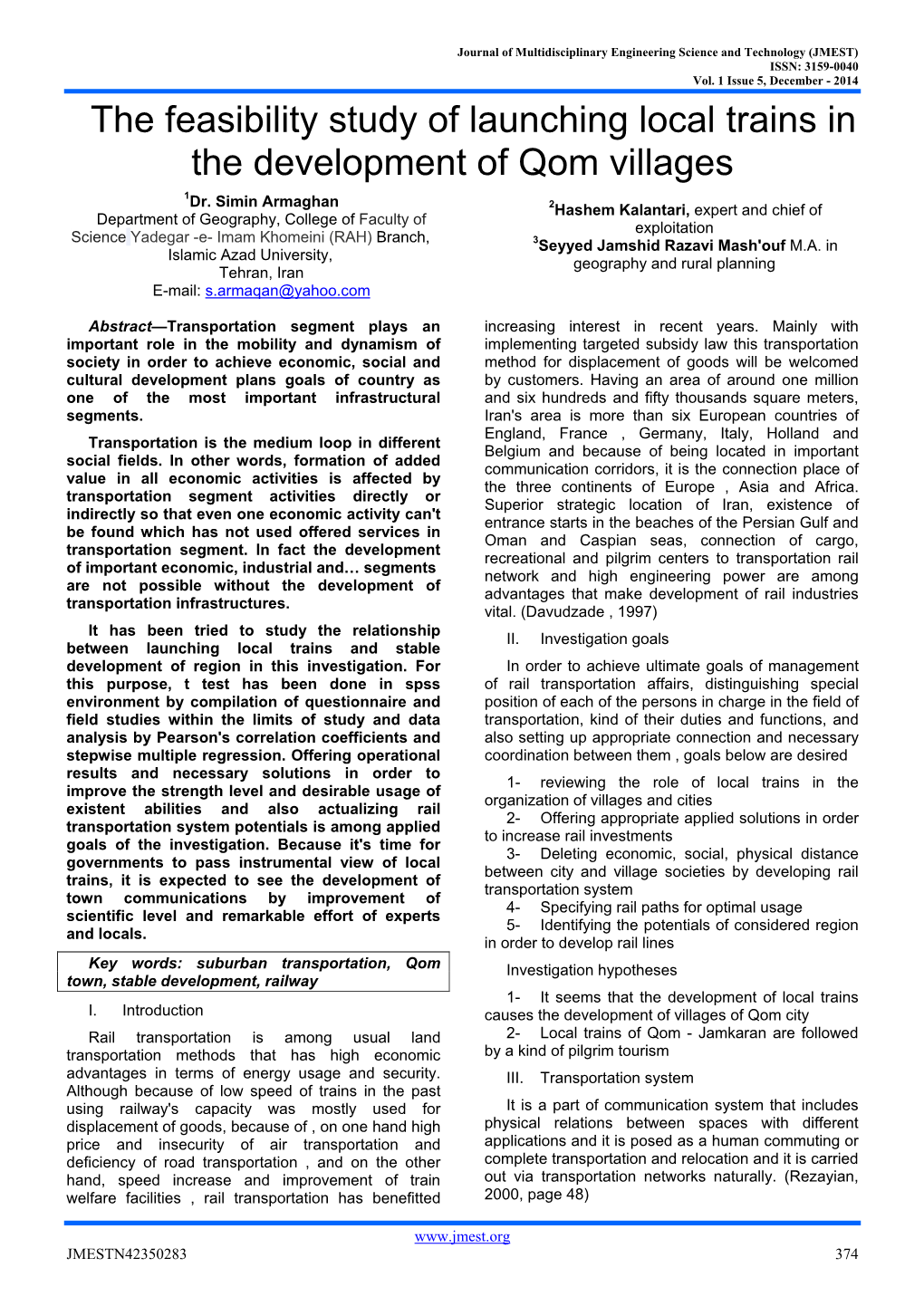 The Feasibility Study of Launching Local Trains in the Development of Qom Villages 1 Dr