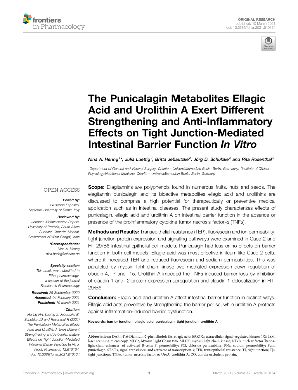 The Punicalagin Metabolites Ellagic Acid and Urolithin a Exert Different