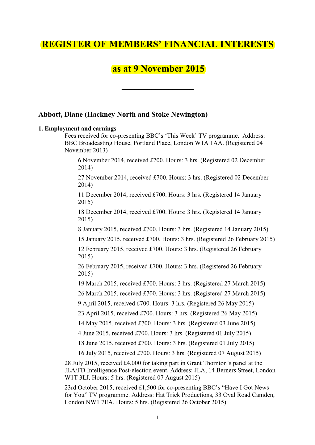 REGISTER of MEMBERS' FINANCIAL INTERESTS As at 9