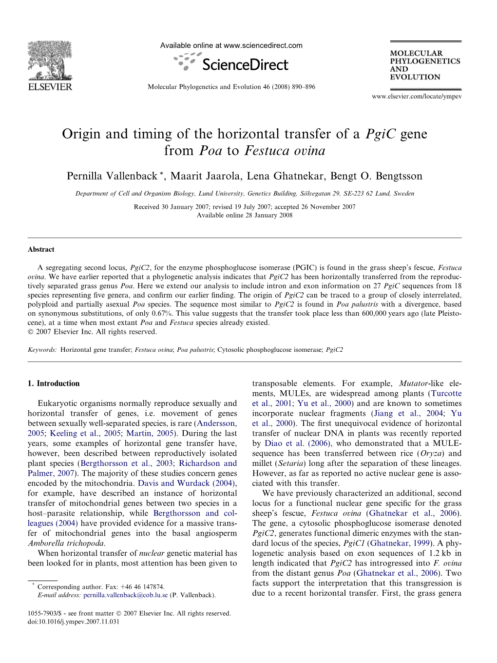 Origin and Timing of the Horizontal Transfer of a Pgic Gene from Poa to Festuca Ovina