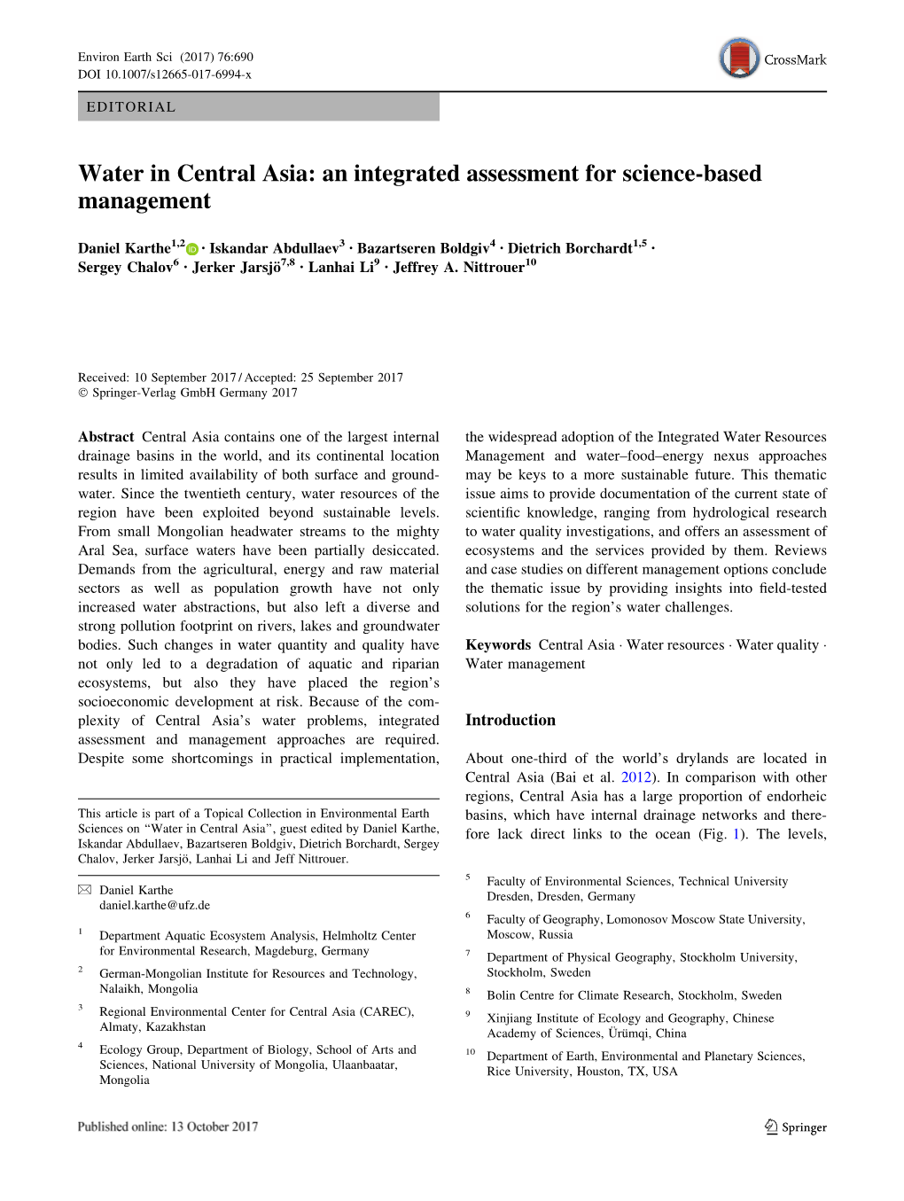 Water in Central Asia: an Integrated Assessment for Science-Based Management