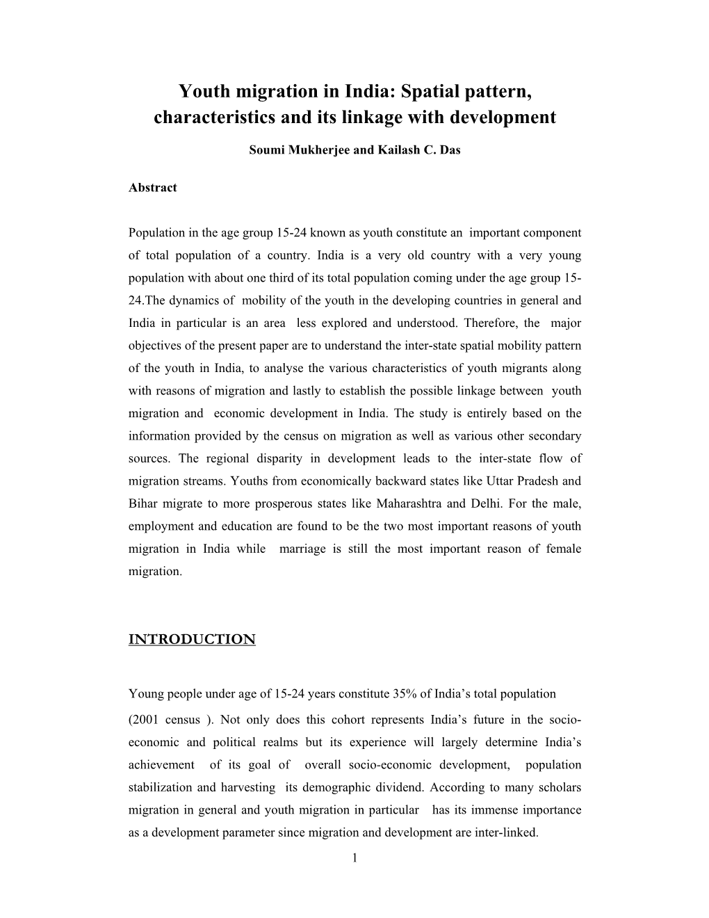 Youth Migration in India: Spatial Pattern, Characteristics and Its Linkage with Development