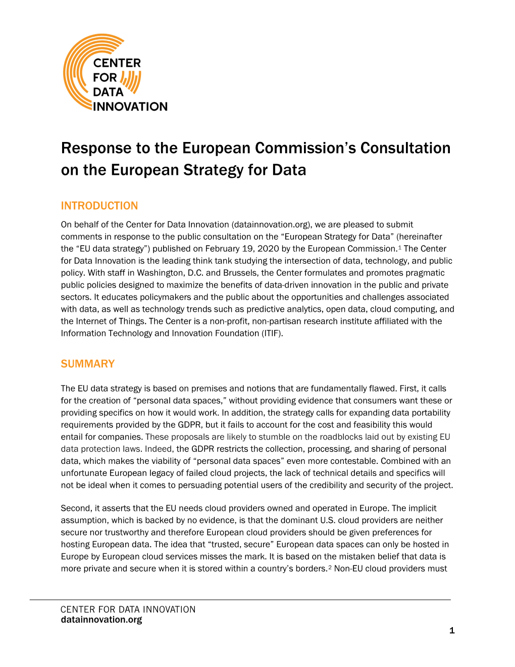 Response to the European Commission's Consultation on the European Strategy for Data