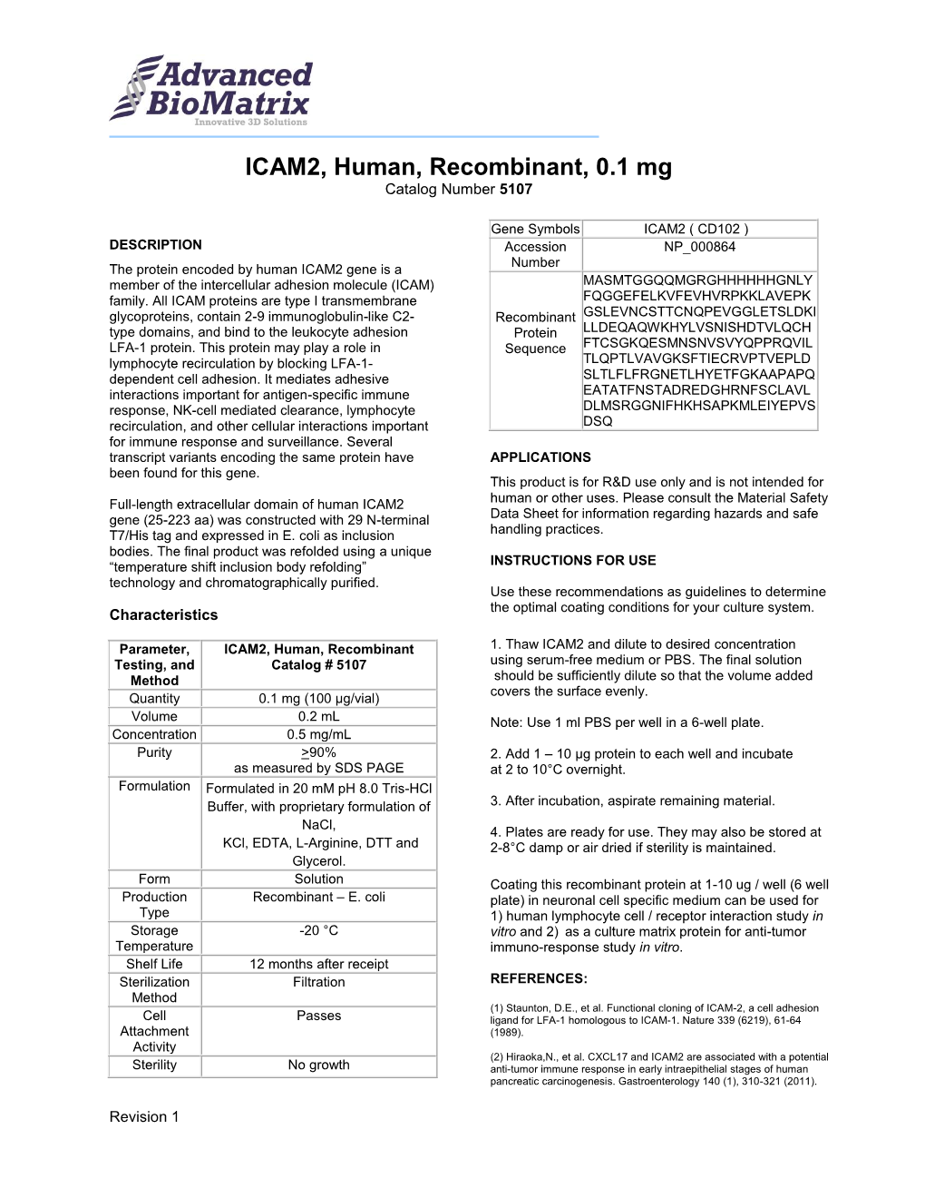 ICAM2, Human, Recombinant, 0.1 Mg Catalog Number 5107