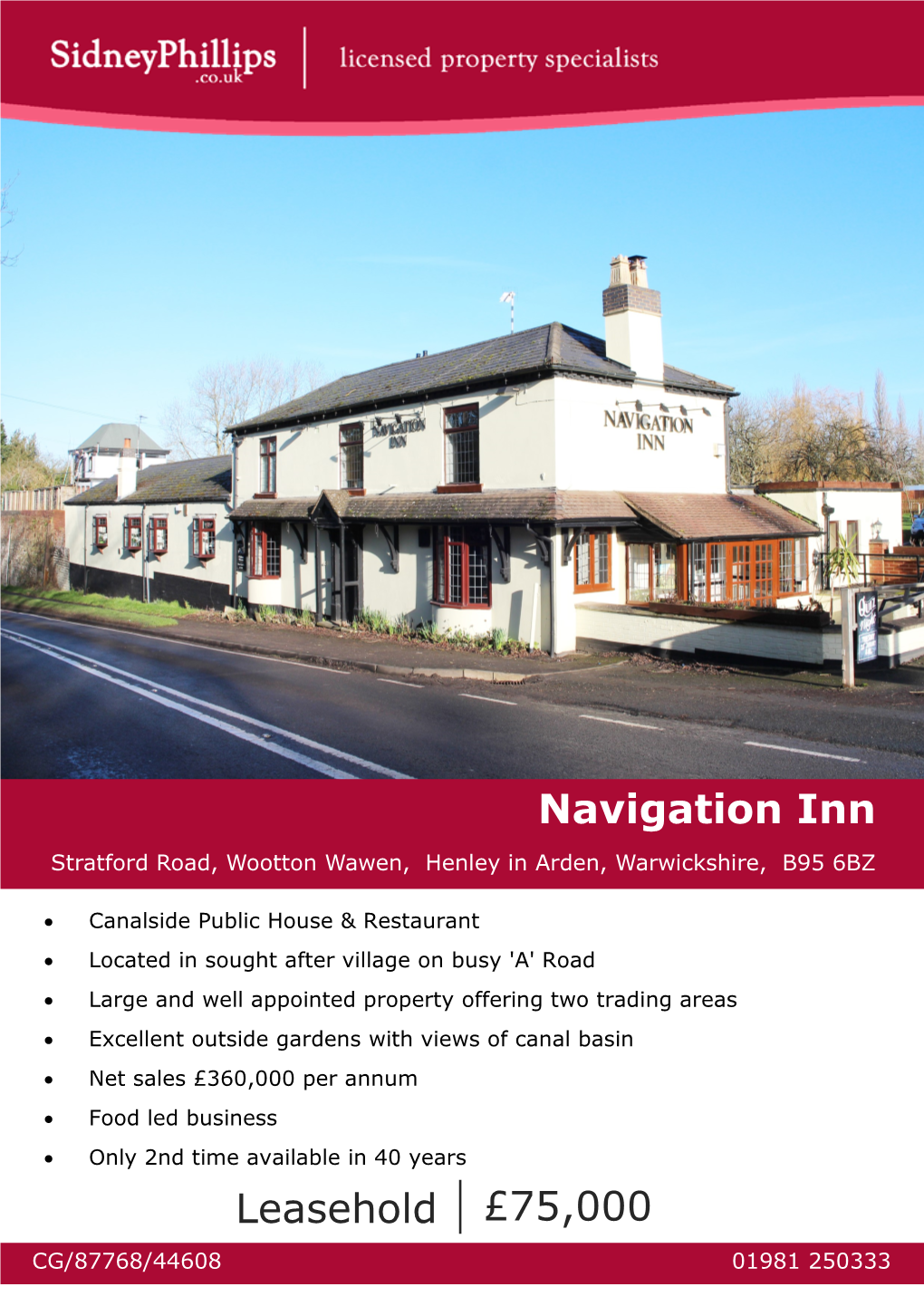 Navigation Inn Stratford Road, Wootton Wawen, Henley in Arden, Warwickshire, B95 6BZ
