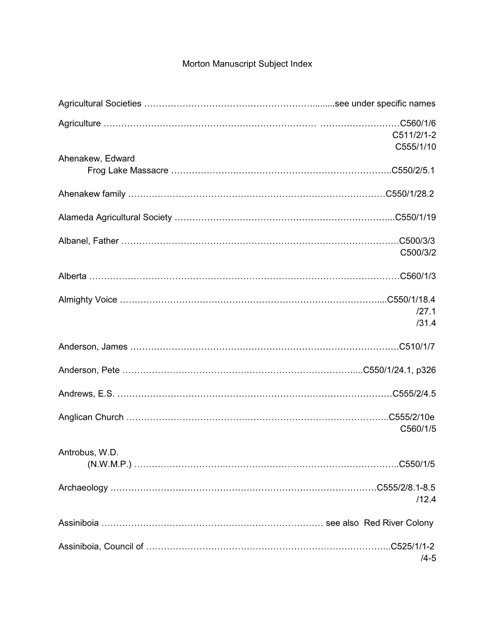 Morton Manuscript Subject Index Agricultural Societies