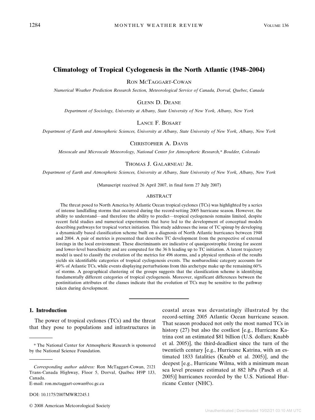 Climatology of Tropical Cyclogenesis in the North Atlantic (1948–2004)