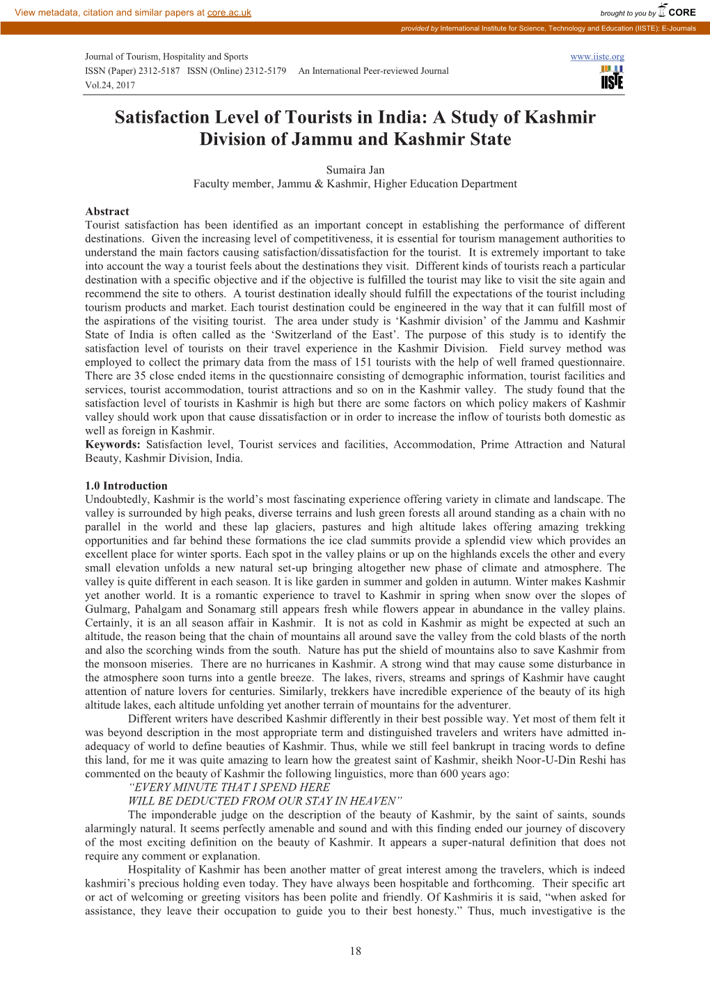 Satisfaction Level of Tourists in India: a Study of Kashmir Division of Jammu and Kashmir State