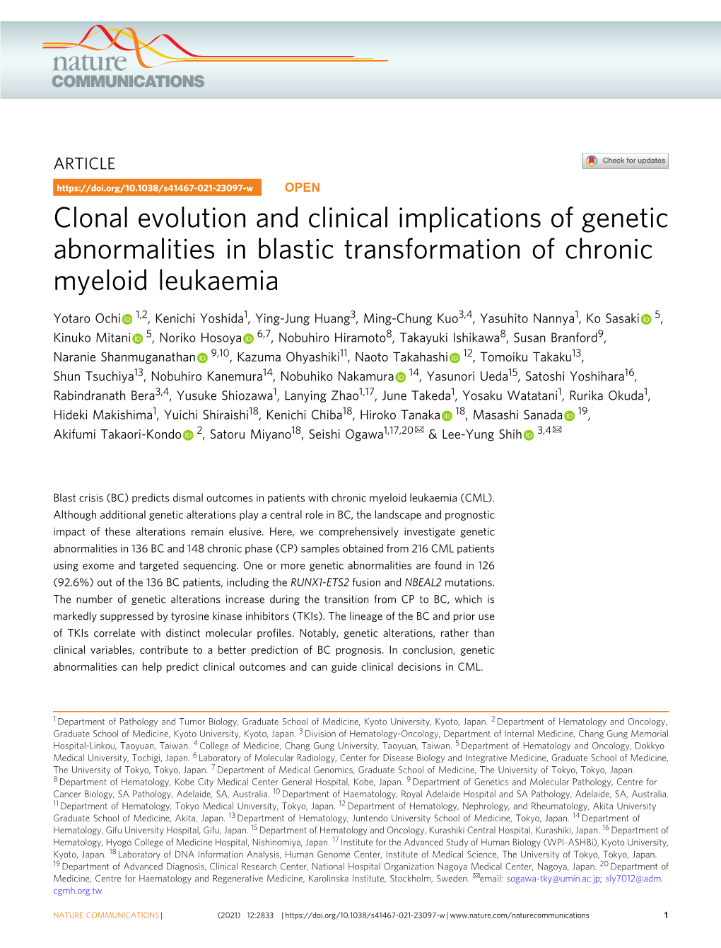 Clonal Evolution and Clinical Implications of Genetic Abnormalities in Blastic Transformation of Chronic Myeloid Leukaemia